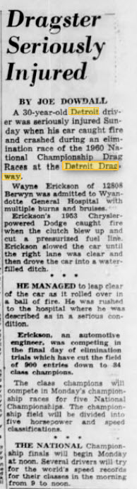wayne erickson crash Sep 5 1960 Detroit Dragway, Brownstown Twp